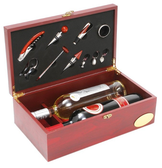 Coffret bois 2 bouteilles avec 10 accessoires